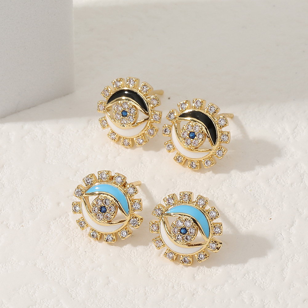 Ethnic Style Geometric Devilu0027S Eye Copper Ear Studs Inlay Zircon Copper Earrings