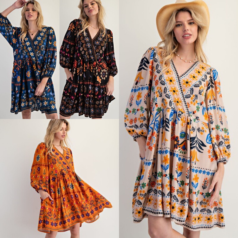 Amazon 25 New Autum Cross-Border European and American Clothing Printed V Neck Loose Casual Short Long-Sleeved Dress for Women Amazon 25 New Autum Cross-Border European and American Clothing Printed V Neck Loose Casual Short Long-Sleeved Dress for Women
