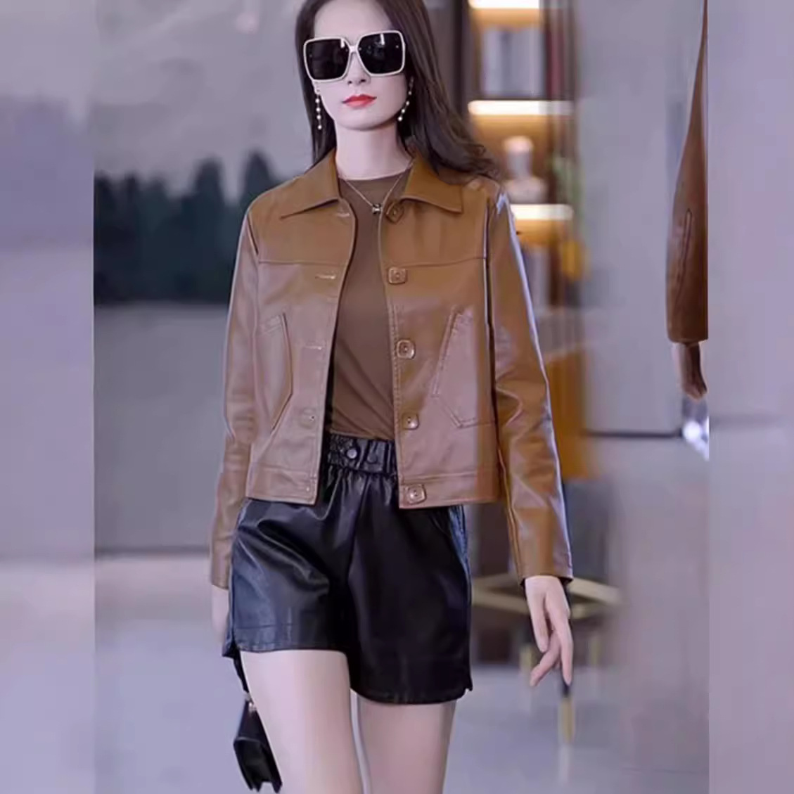 Brown Casual Stylish Short Leather Jacket for Women, New Autumn and Winter Loose Fit Slimming Korean Style Leather Jacket for Women