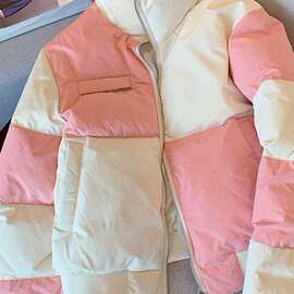 粉白撞色格子立领夹棉面包服外套女2025秋冬新款甜美减龄棉服洋气