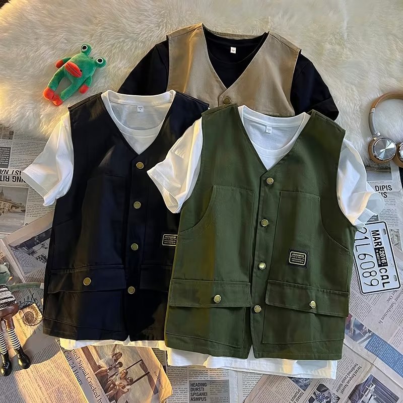 Summer Japanese retro American workwear vest for men, summer ins style, multi-pocket vest, versatile casual vest, dropshipping available.