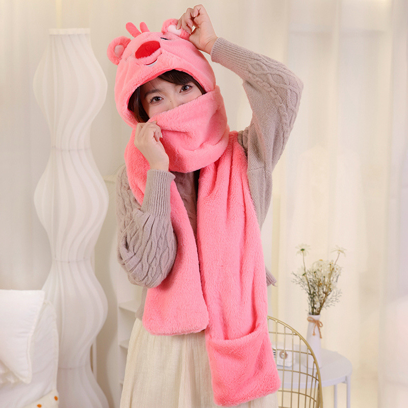 Kapibala sombrero bufanda todo en uno mujer invierno felpa lindo babero bicicleta protección contra el frío engrosamiento calor traje de tres piezas