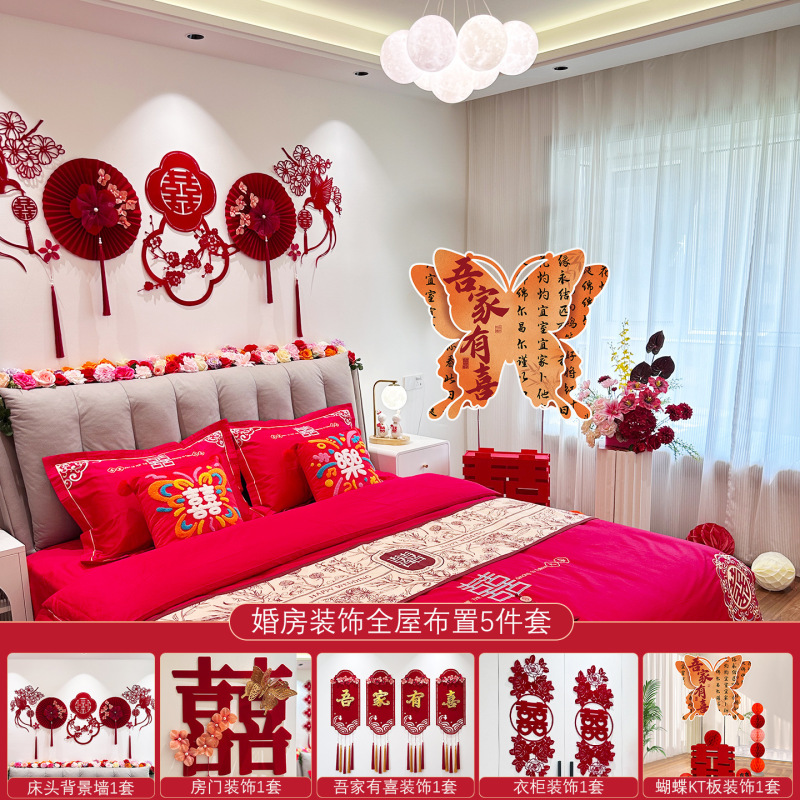 寻觅喜庆婚房布置套装结婚男女方新房高档酒红背景装饰婚礼喜字贴|undefined