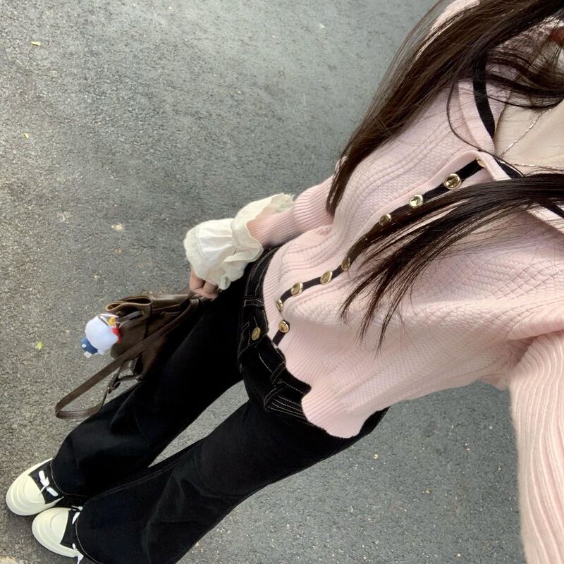Navy Collar Pink One-Shoulder Sweater Cardigan for Women Autumn and Winter New Sweet Age-Reducing Knitted Short Top Jacket