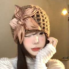 立体花朵镂空编织包头帽女韩版氛围感显脸小针织帽子出游套头帽子
