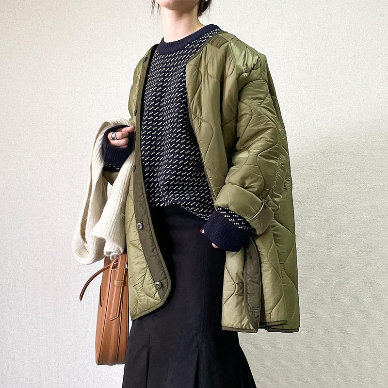 Japanese style simple loose quilted cotton-padded coat women's winter retro mid-length Army Green jacket lightweight warm jacket