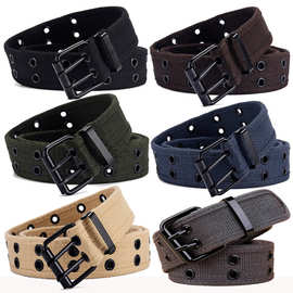 欧美商务帆布男士百搭时尚双针扣腰带修身简约牛仔裤户外战术皮带