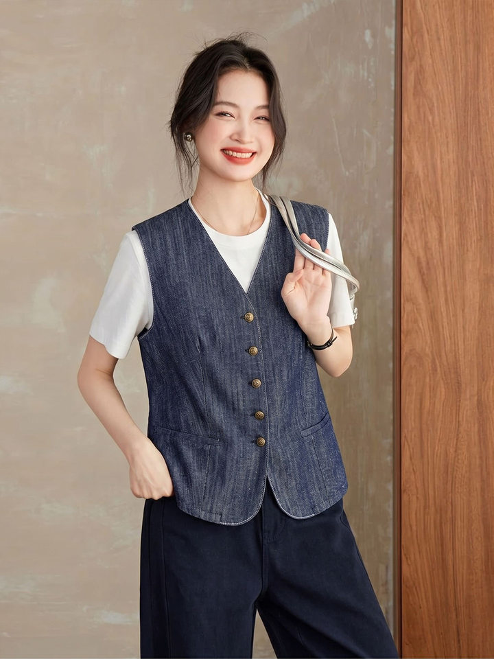 Áo vest denim nữ cổ chữ V phong cách retro, áo khoác mặc ngoài dáng suông dài 50–65 cm — Xanh cổ điển