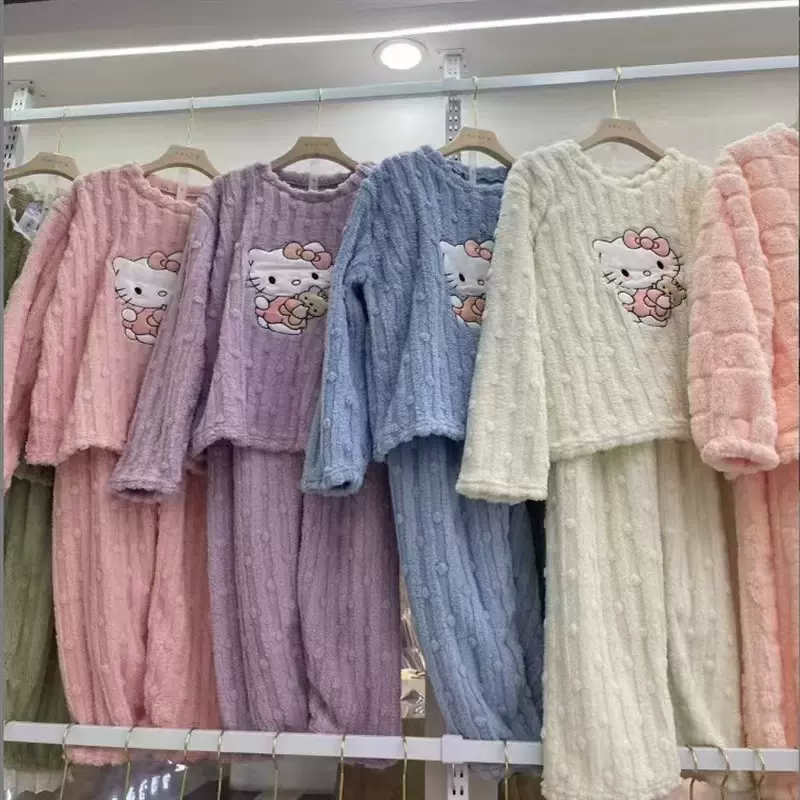 睡衣女秋冬款加绒加厚珊瑚绒家居服卡通可爱凯蒂猫保暖套装可外穿