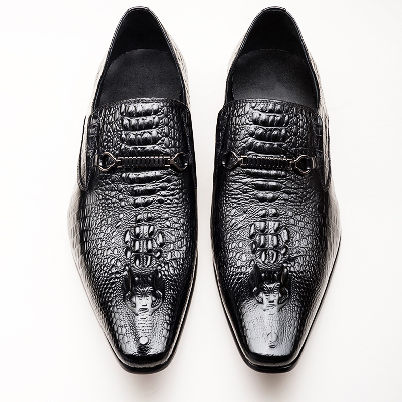 Alligator print men's slip-on shoes Business pointy slip-on shoes_voghion.com