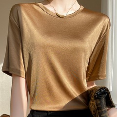 半袖tシャツ女性の夏の新しい三酢酸丸首ゆるい半袖薄い色の無地百合vネック上着tシャツ