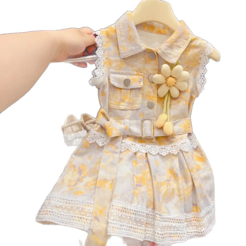 2025 新しい夏の女の赤ちゃんハイエンドプリントソフトデニムスプライシングスカートレースドレスノースリーブデニムスカート|undefined