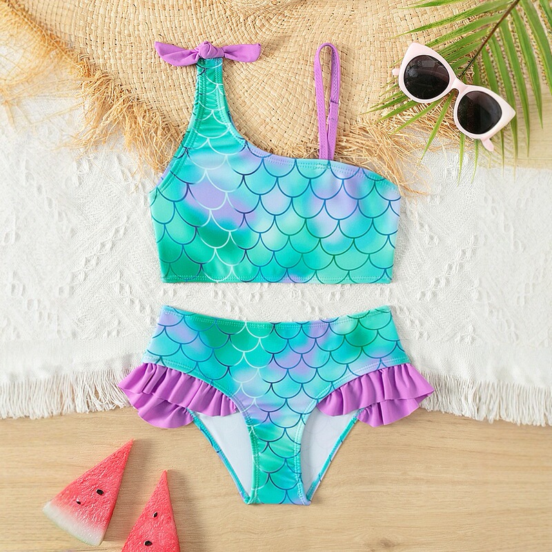 Girl's Slant Shoulder Fish Scale Print Bikini suit 2025 New Girl's Split Bikini Children's Swimsuit Swimsuit