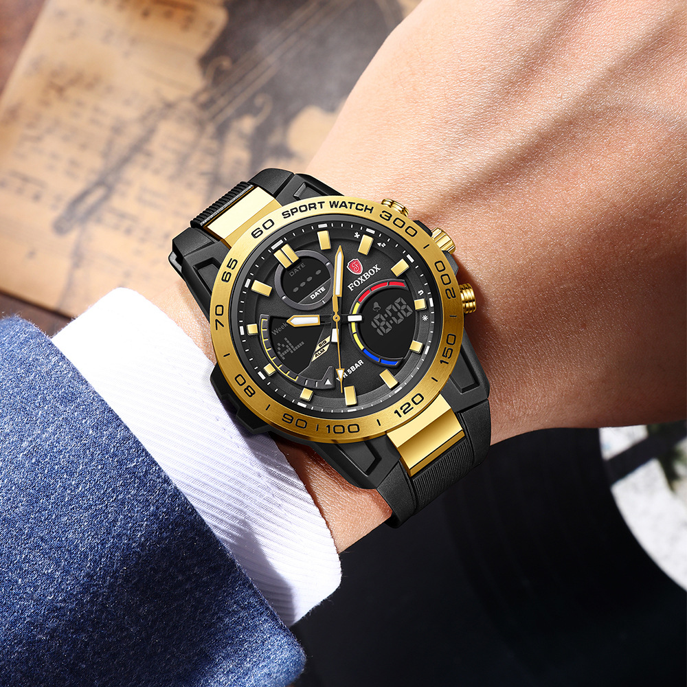 FOXBOX hombre nuevo cronógrafo multifuncional impermeable reloj despertador de doble pantalla reloj electrónico reloj deportivo para estudiantes