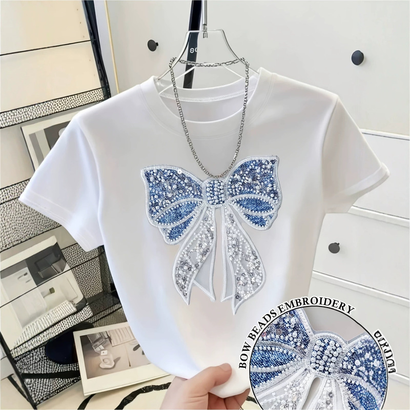 Women's T-shirt, niche sweet style with sequins, pearls, bow, 3D appliqué, round neck, short sleeve, casual top for women