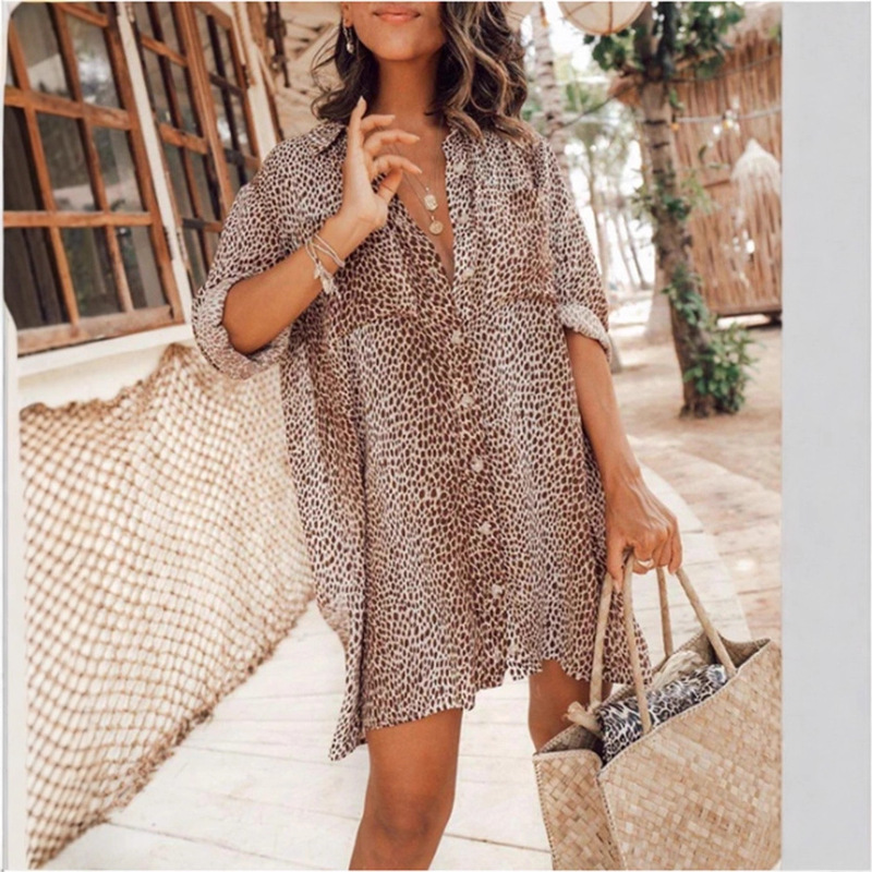 2025 Cross-Border European and American Spring and Summer New Women's Dress Leopard Print Long-Sleeved Mini Skirt Shirt in Stock
