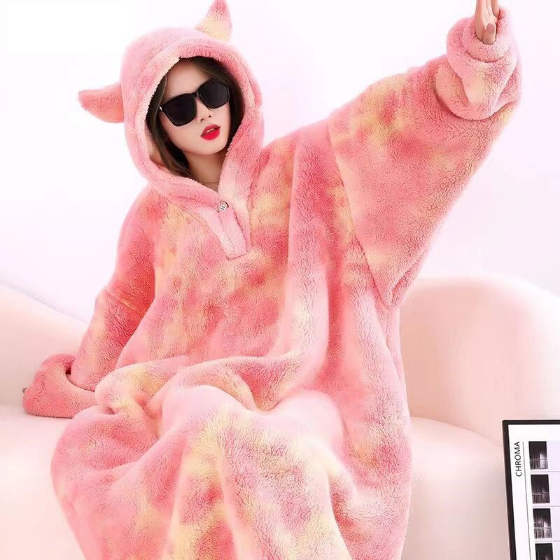 Long-Sleeved Coral Velvet Nightgown for Women, Long Winter Style, Thickened and Fleece-Lined, Plus-Size Maternity Flannel Pajamas, Home Wear, Lazy Style Long-Sleeved Coral Velvet Nightgown for Women, Long Winter Style, Thickened and Fleece-Lined, Plus-Size Maternity Flannel Pajamas, Home Wear, Lazy Style