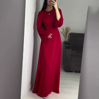 欧美亚马逊跨境外贸圆领缎面高腰显瘦修身轻奢性感宽袖春秋连衣裙
