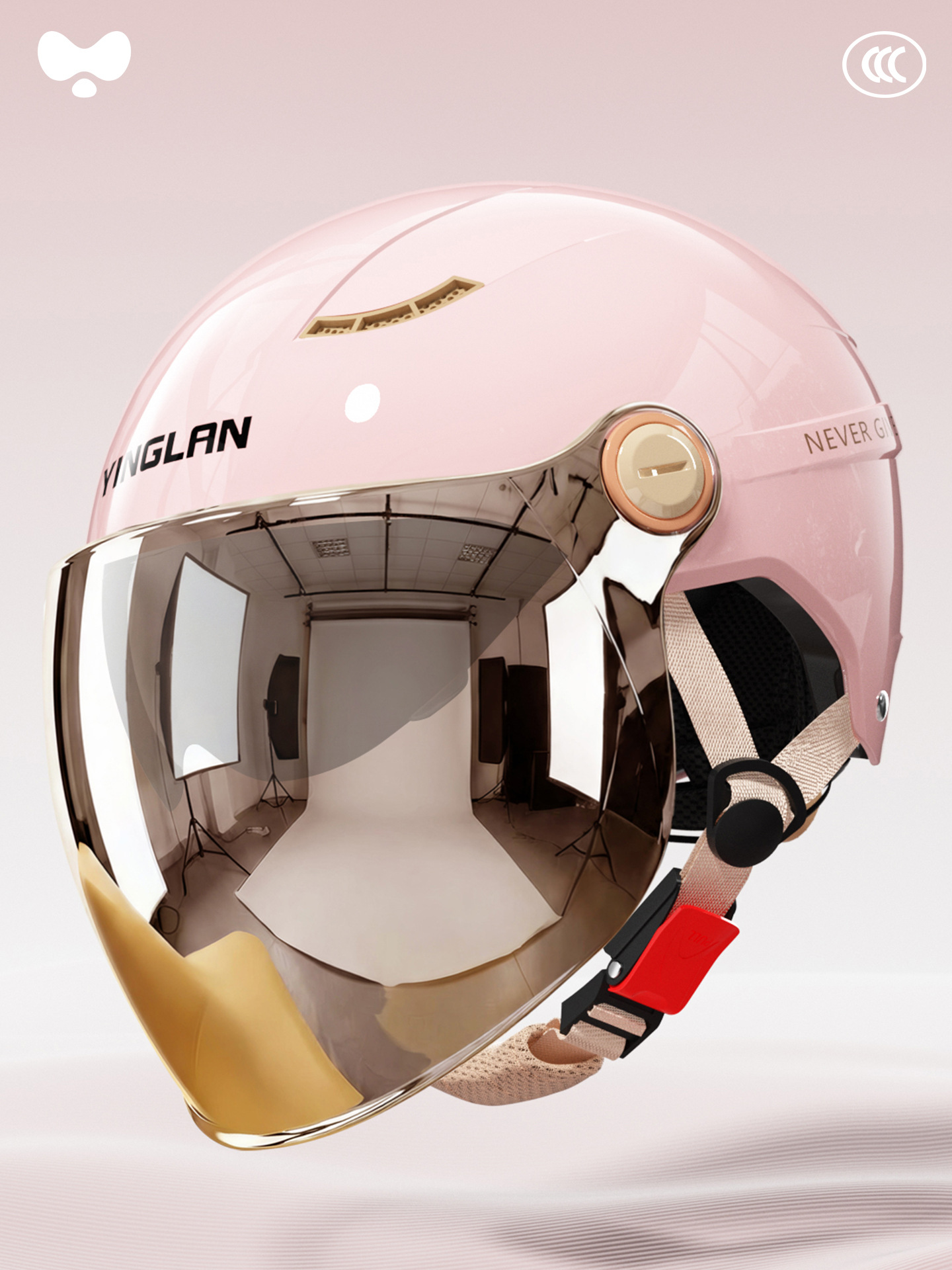 Helmet Electric Vehicle, Universal Motosiklet kaskı (dəbilqə) - 3c-peach-pink-electroplated-outer-long-double-mirror-new-national-standard-class-a