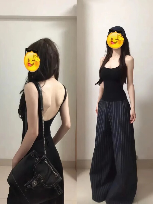 女性の夏のアウターウェア用の胸パッド付きバックレスサスペンダーベスト、黒の美しいバックインナーノースリーブトップ、2025年の新しいデザイン|undefined