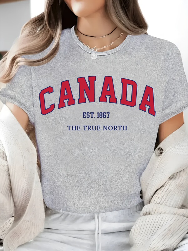 Women's Canada Commemorative Graphic T-Shirt - Black Loose Version Summer Short Sleeve, Eye-Catching Red "Canada