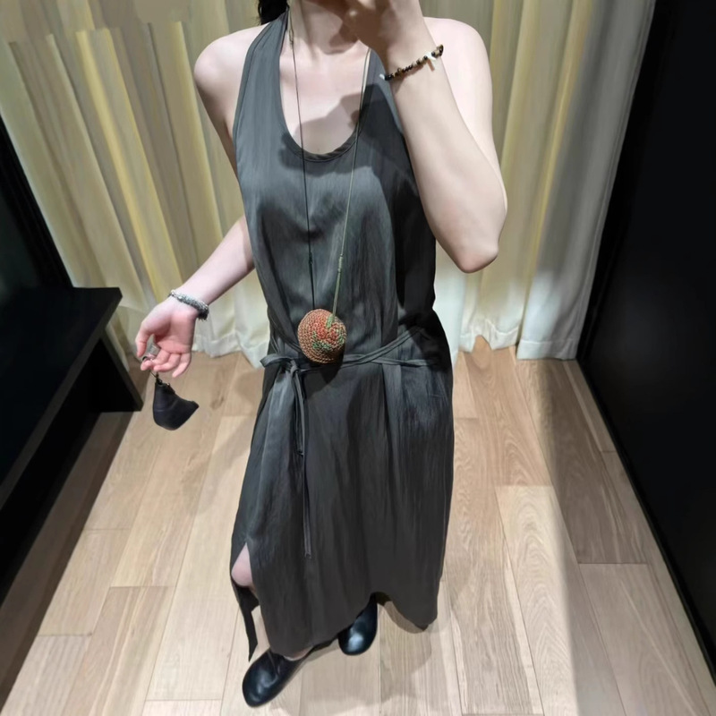 Lem 25Ss Spring and Summer Retro U-Neck Dark Brown Silk Halterneck Suspender Backless Vest Dress with Lace-Up