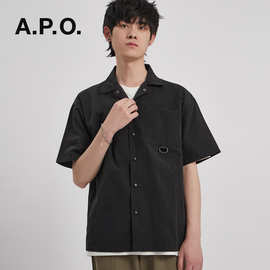 APO男装|古巴领衬衫男夏季薄款短袖上衣男士宽松中袖工装衬衣外套