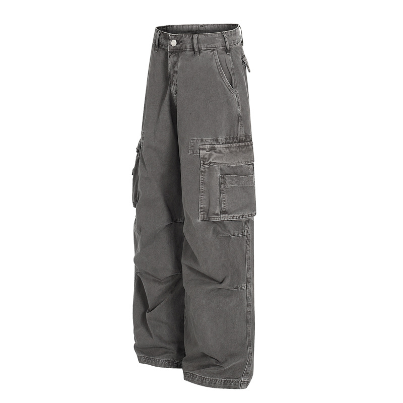 Dc+Z003 American Retro Washed Distressed Men's Straight Loose Casual Pants Multi-Flap Pocket Pants Cargo Pants Cleanfit