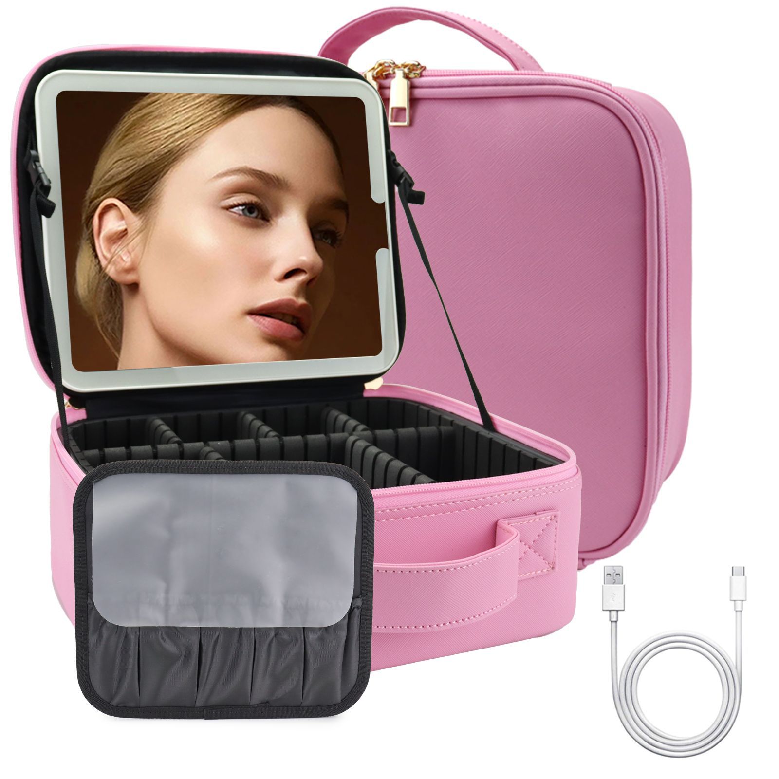 Bolsa de cosméticos de viaje LED premium con espejo para mujer caja de pinceles de maquillaje portátil de gran capacidad bolsa de belleza de partición portátil
