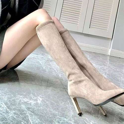 Korean Patent Leather Pointed Toe High Heel Stretch Slim Boots Women's Over 2025 Autumn Knee-High Block Heel Boots