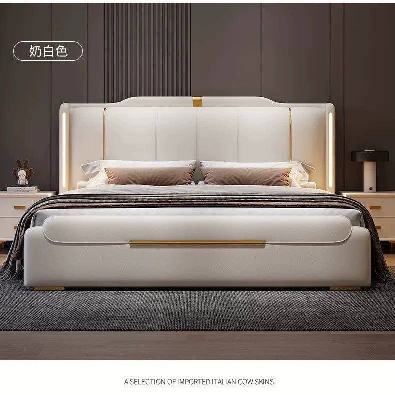 Новая кровать из натуральной кожи, современная главная спальня, простая итальянская легкая роскошная элегантная двуспальная кровать 1.8m года, свадебная кровать, мягкое хранилище.