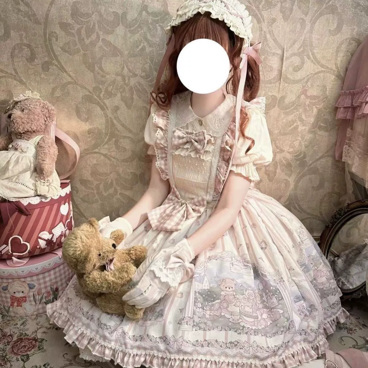 Платье Lolita JSK, кремовое, милый кукольный стиль, банты и мишьи ушки (S–L)