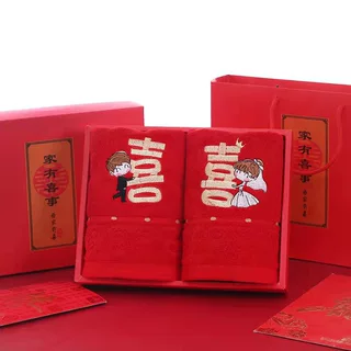 厂家批发婚庆毛巾红色喜字加厚棉结婚毛巾回礼竹纤维毛巾logo刺绣