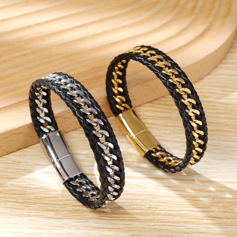 Europe and the United States cross-border new Cuban chain with microfiber material double color hand-woven stainless steel buckle bracelet men