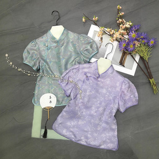Chinese-Style Oriental Ancient Charm Silk Brocade Puff Sleeve Top Summer Handmade Button National Style Button Niche T-Shirt