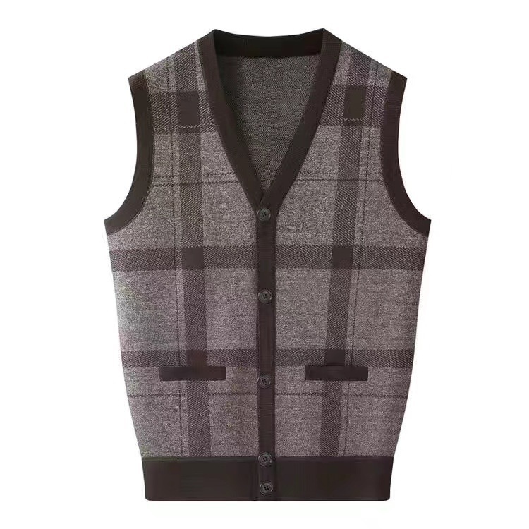 Middle-Aged and Elderly Men's Jacquard Vest, Autumn and Winter Style, Knitted Large Size V-Neck Loose Cardigan Vest, One-Piece Wholesale Middle-Aged and Elderly Men's Jacquard Vest, Autumn and Winter Style, Knitted Large Size V-Neck Loose Cardigan Vest, One-Piece Wholesale