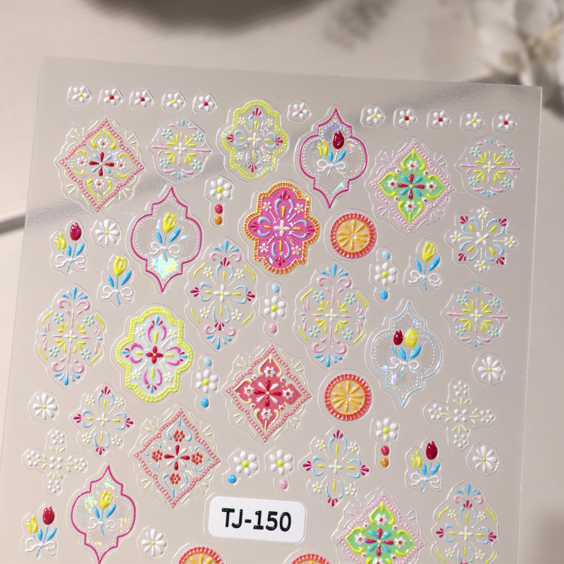 波西米亚风美甲贴纸5D浮雕立体轻奢彩绘花纹diy指甲贴纸饰品 TJ款|undefined