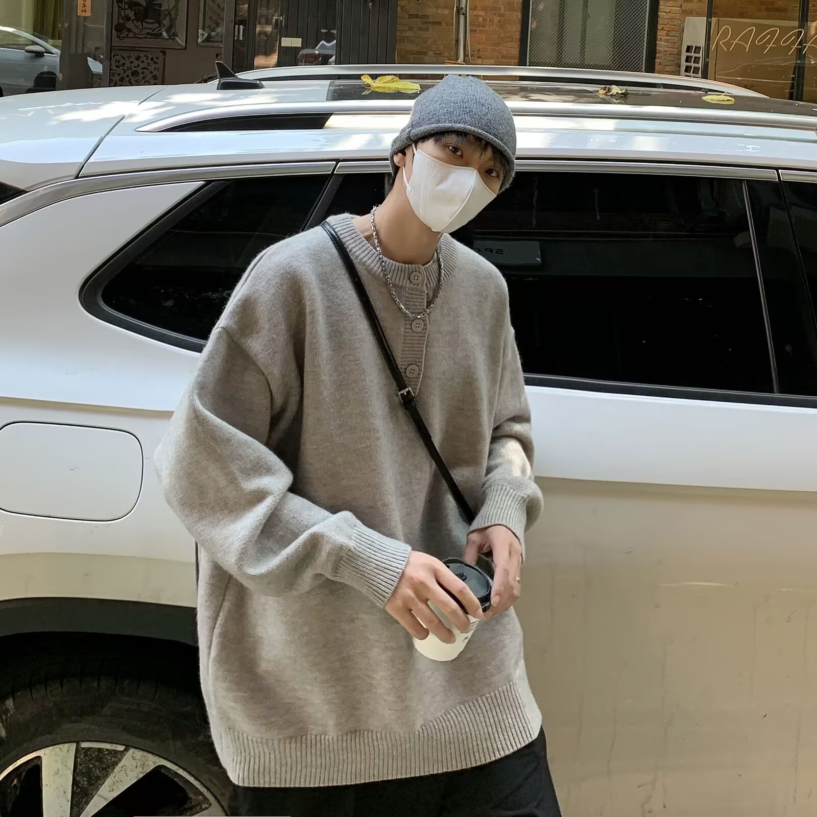 (2개) 일본식 레트로 버튼 스웨터 남자 겨울 그레이 하이 엔드 캐주얼 루즈 올 매치 한국 스타일 유행 니트 탑