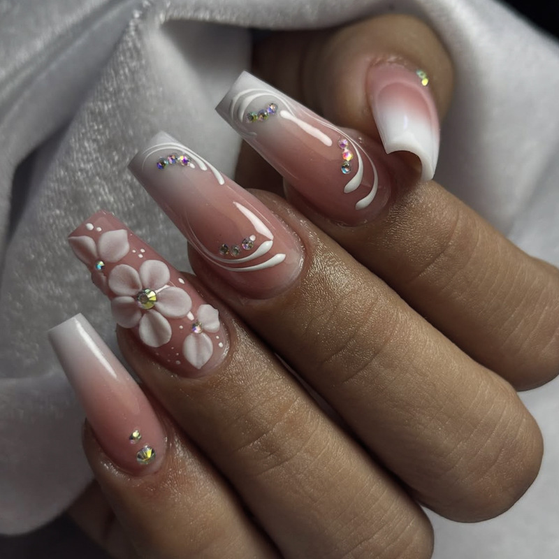 Wearable Nails with Medium-Sized Ballet-Shaped White Gradient Embossed Flower Design and Diamond-Studded Nail Art Patches, Removable Fake Nails Wearable Nails with Medium-Sized Ballet-Shaped White Gradient Embossed Flower Design and Diamond-Studded Nail Art Patches, Removable Fake Nails