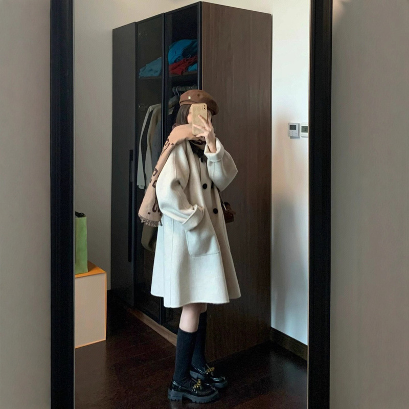 冬季韩系小个子复古撞色翻领短款高级毛呢大衣呢子外套女宽松显高|undefined