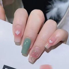 Fresh and Sweet Style Wearable Nail Art Stickers — Ice-Translucent Blush with Heart Design, Long-Style, Removable Fake Nail Tips Available for Wholesale