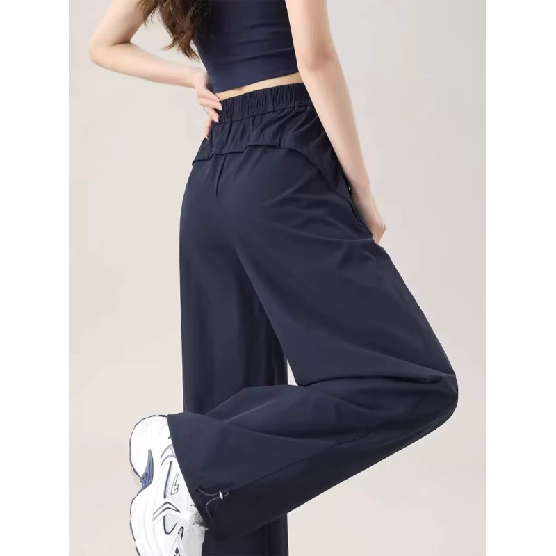 145 Navy Blue Quick-Dry Work Pants for Women, Summer 2026 Style, Straight-Leg Ice Silk, Petite Wide-Leg Sun-Protection Hiking Pants