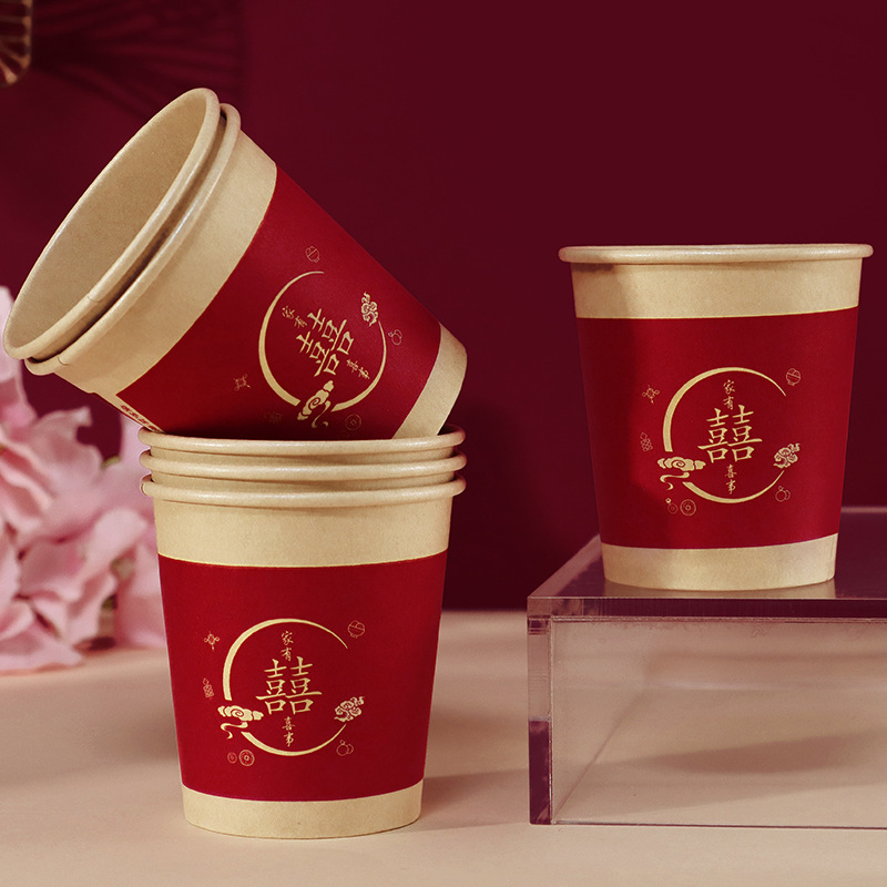 Tazas de papel de boda desechables tazas de boda suministros de boda compromiso de boda gruesa taza de té rojo