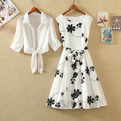 Summer Retro Print Little Black Dress High-Waisted A-Line Skirt Two-Piece Set for Women