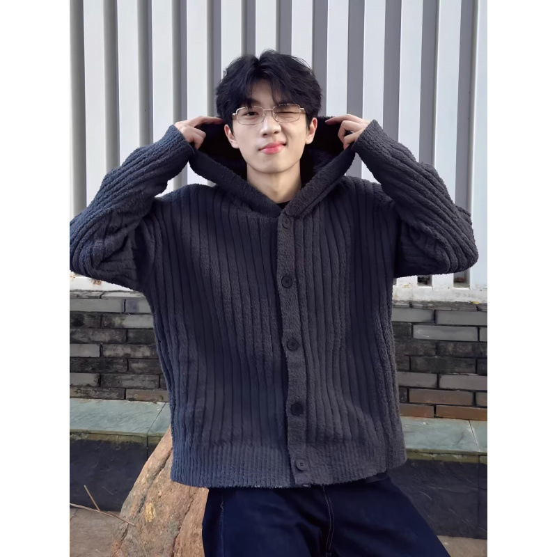 American Retro Style Coarse Ribbed Knit Hooded Sweater for Men, Autumn and Winter Casual Versatile Knit Top for Couples
