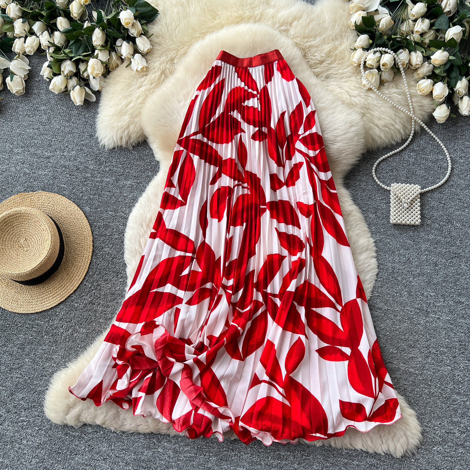 High Waisted Slimming Pleated Midi Skirt for Women French Style Printed A-Line Perfect for Summer Vacation And Work_ecoleips.com