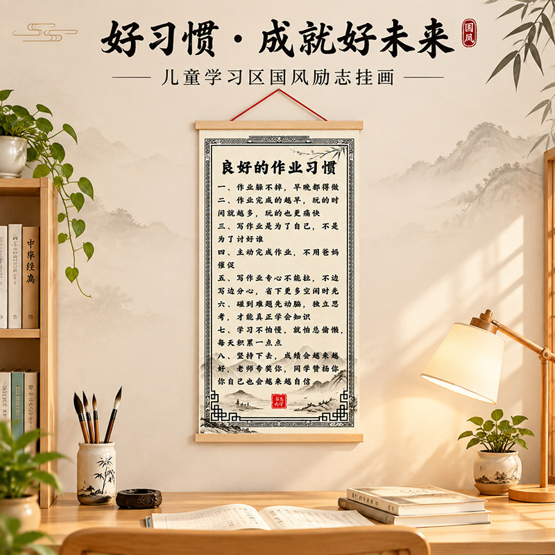 Good Study Habits Motivational Scroll for Elementary School Students' Study Room, Decorative Painting for Children's Learning and Good Habits Good Study Habits Motivational Scroll for Elementary School Students' Study Room, Decorative Painting for Children's Learning and Good Habits