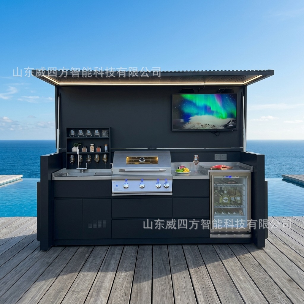 Exportable garden outdoor folding kitchen with lighting, sunshade, hood, storage, patio party barbecue and dining equipment