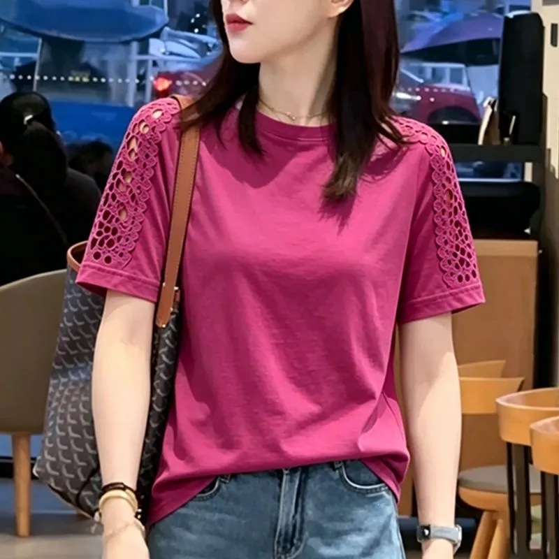 Mm622 Cut Out Lace Splicing Short-Sleeved T-Shirt for Women Summer New Style Loose and Stylish Round Neck Half-Sleeved Top for Women