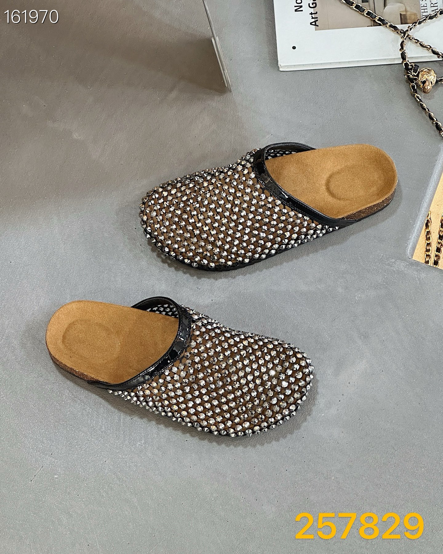 Sandal nữ mũi nhọn đính đá lưới thoáng khí da thật phong cách châu Âu — vàng chi tiết 8
